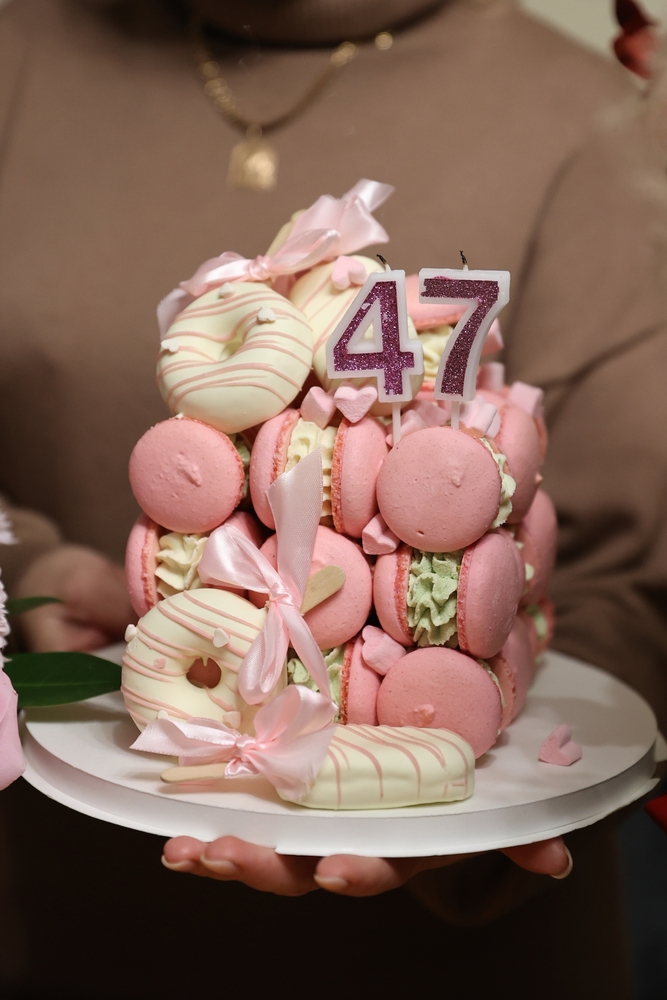 A,Macaron,Cake,In,Shades,Of,Pink,,Decorated,With,White Custom Logo Donuts Edmonton Orders For Your Friends Or Business