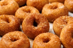 fresh donuts cooling on a bakery rack after small batch frying