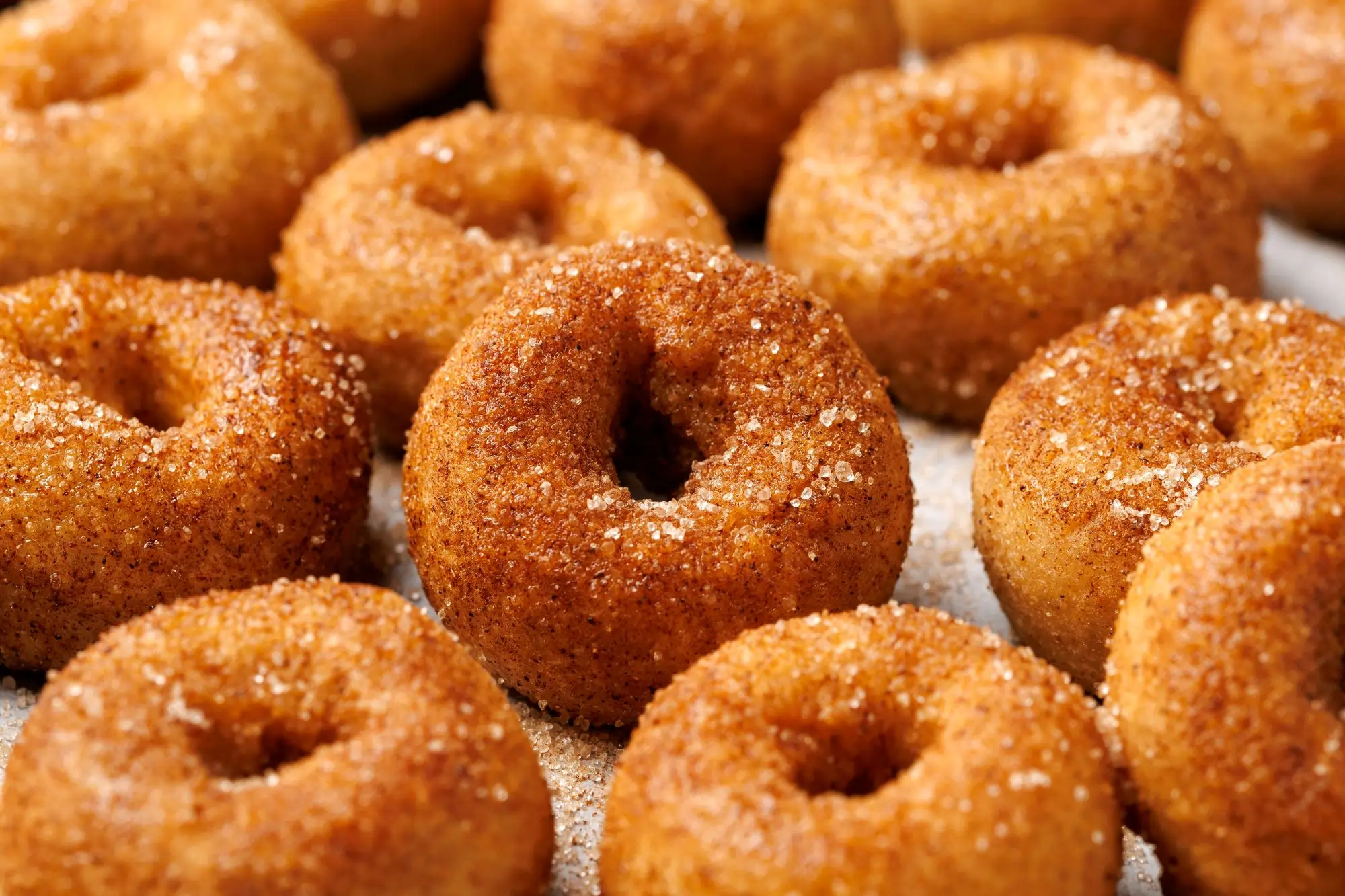 fresh donuts cooling on a bakery rack after small batch frying